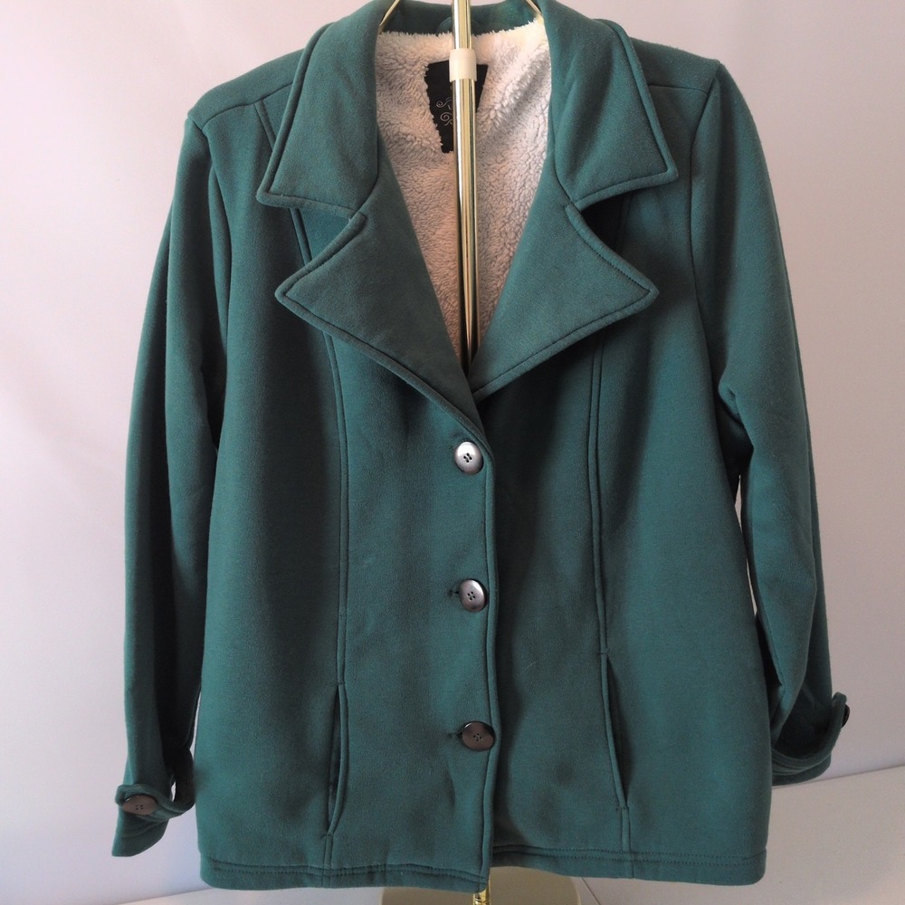 Louise Paris Pea Coat‎ Women XL Green Sherpa Lined Jersey Knit Button Jacket